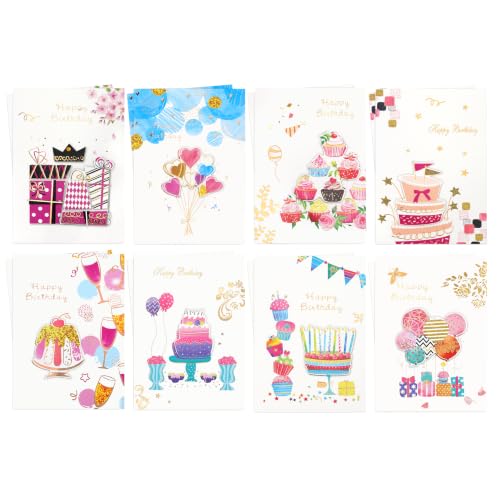 3D Sticker Birthday Cards – 16 Pack with White Envelopes – 8 Designs - color: Birthday 1