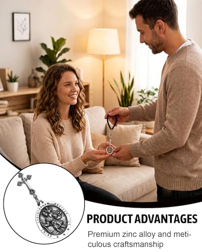 1 Pc St Christopher Car Rearview Mirror Decor Medal, Black Cross Hanging Car Rosary Charm, Travel Protection Charm