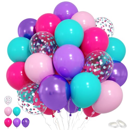 Hot Pink Purple Teal Balloons,50Pcs 12 Inch Girls Mermaid Music Party Decor - color: Hot Pink Purple Blue