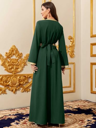 Elegant Muslim Dress with Gold Embroidered Evening Gown, Traditional Islamic Attire - color: Dark Green, size: X-Small