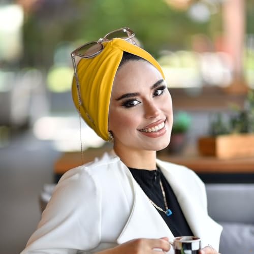 para life Knot Turbans for Women, Breathable Instant Turban|Standard Size Cotton|Pre-tied Scarf, Hijab Cap&Undercap - color: Mustard