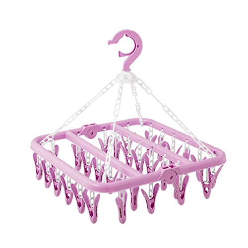 SteelFever Clothes Drying Hanger with 32 Clips, Foldable Hanging Drying Rack for Clothes Underwear Socks (Purple) - color: Purple