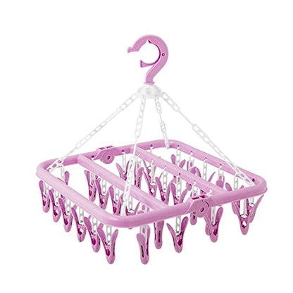 SteelFever Clothes Drying Hanger with 32 Clips, Foldable Hanging Drying Rack for Clothes Underwear Socks (Purple) - color: Purple