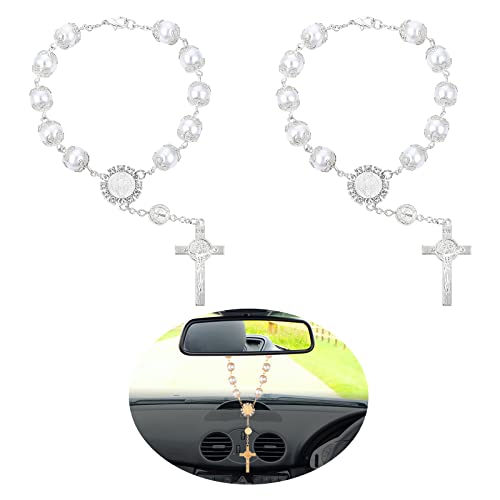 Cobee Car Rosary for Rearview Mirror, 2 Pieces Car Mirror Hanging Cross Auto Rosary Rear View Mirror Pendant Car Hanging Accessories Interior Decors for Women Men (White) - color: White