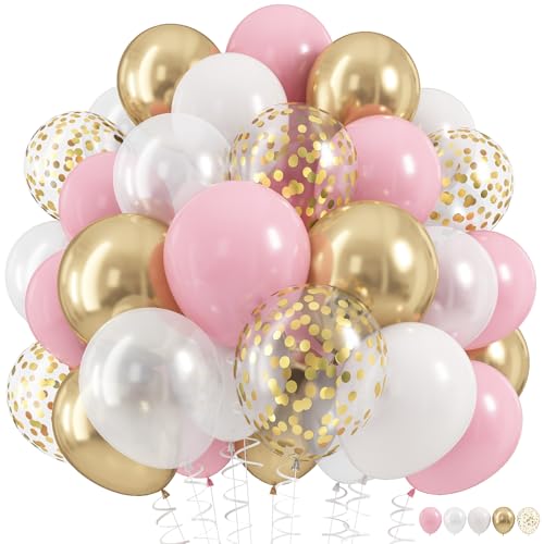 Pink Gold Balloons Set, 60Pcs 12 Inch Pastal Baby Pink Metallic Gold White Balloon with Gold Confetti Latex Balloons for Girls Women Birthday Wedding Baby Bridal Shower Party Decorations Supplies - color: Pastel Pink Gold White, size: 12 inch 60pcs