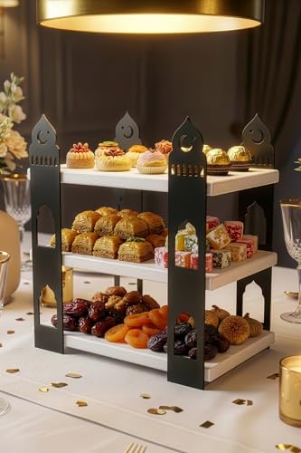 Islamic Serving Stand Wood Metal Table Decor 3 Tier Tray for Ramadan Iftar Sahur Appetizers Desserts Snacks - Black-White