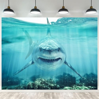 7x5ft Shark Underwater Backdrop, White Shark Ocean Theme Party Decorations, Under The Sea Birthday Banner, Aquarium Background, Kids Photo Booth Props - size: 7X5FT