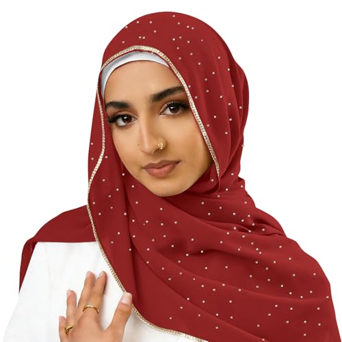 Hijab Scarf for Women Soft Chiffon Rhinestone Long Scarf Shawl Fashion Muslim Hijab Head Wrap Scarves - color: Wine Red