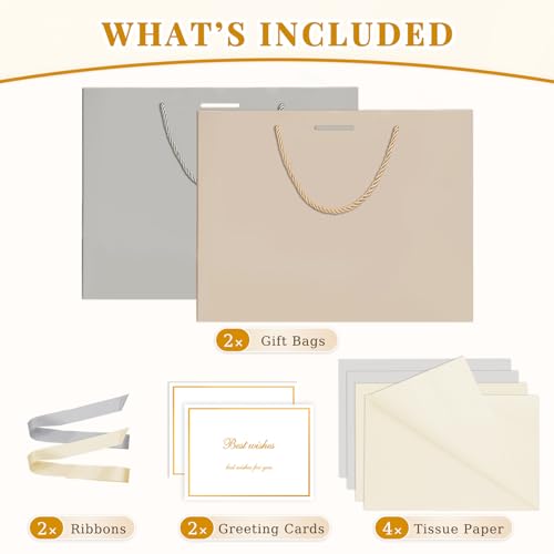 ANZNKU 2PCS Gray & Beige Gift Bags Medium, Gift Wrap Bags with Handles 4 Tissue Paper 2 Ribbons 2 Cards, Wedding Favor Present Bag for Women Graduation Birthday Party Bridal & Baby Shower Engagement - color: Beige+Gray