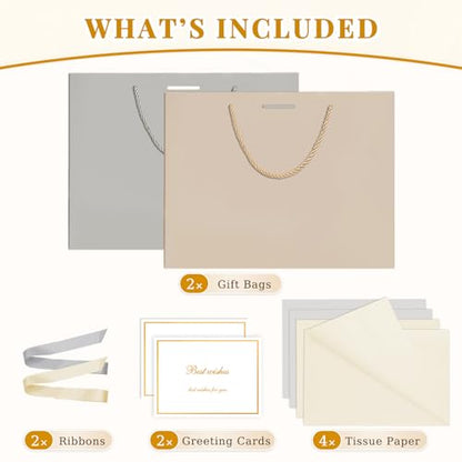 ANZNKU 2PCS Gray & Beige Gift Bags Medium, Gift Wrap Bags with Handles 4 Tissue Paper 2 Ribbons 2 Cards, Wedding Favor Present Bag for Women Graduation Birthday Party Bridal & Baby Shower Engagement - color: Beige+Gray