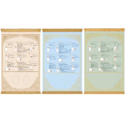 3-Pack Suede Prayer Mat with Instructions, Muslim Prayer Rug Set | Beige, blue, and green suede prayer mat set with clear Salah instructions for home, school, travel, kids, and reverts. - color: Blue, Beige, Green