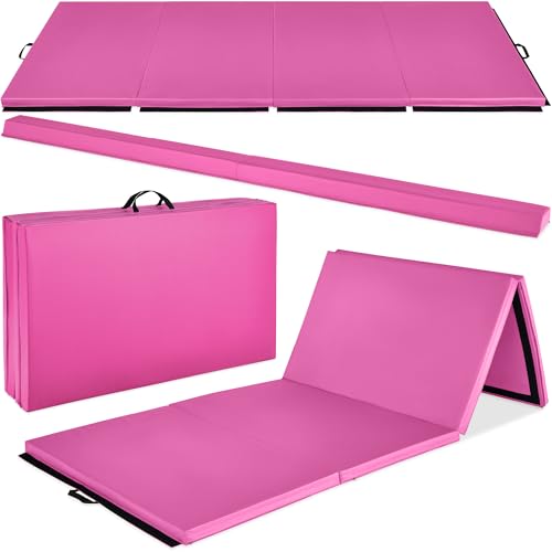 Best Choice Products 10ftx4ftx2in Folding Gym Mat 4-Panel Exercise Gymnastics Aerobics Workout Fitness Floor Mats w/Carrying Handles - color: Pink w/Beam