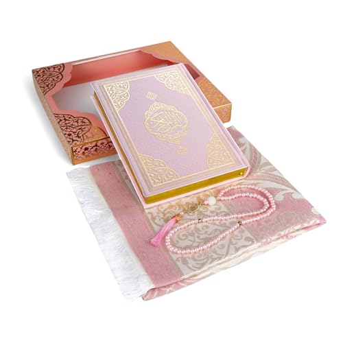 FURKAN Thermo Leather Quran Pink, Prayer Rug and Prayer Beads, Zuhre Gift Box - Pink - color: Pink