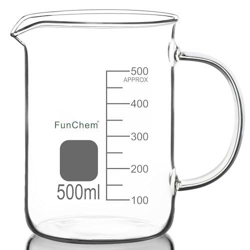 FunChem Glass Beaker with Handle, 500 ml Borosilicate Glass Clear Graduated Low Form Griffin Beaker with Pouring Spout - size: 500 ml