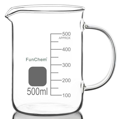 FunChem Glass Beaker with Handle, 500 ml Borosilicate Glass Clear Graduated Low Form Griffin Beaker with Pouring Spout - size: 500 ml