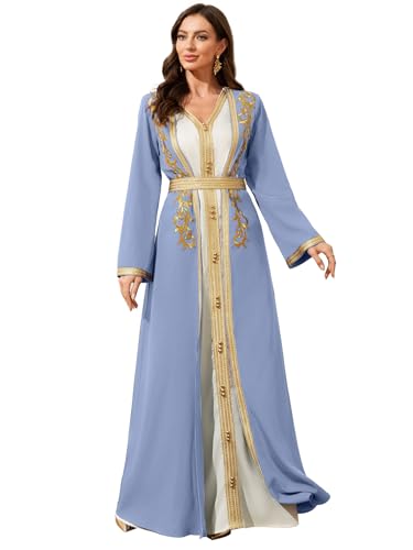 Elegant Muslim Dress with Gold Embroidered Evening Gown, Traditional Islamic Attire - color: Light Blue, size: Small