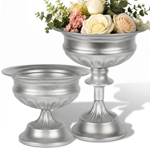 WORTH Bright Silver Urn Vases for Centerpieces Set of 2 (8.8" x 7.8" & 6.1" x 7.8"), Classic Metal Trumpet Flower Pots for Table, Bowl Vase for Wedding Party Event Home Deco, Smooth, Non-Aged - color: Silver, size: Large + Small