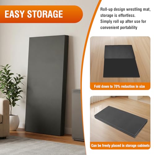 Wrestling Mats for Home, 10x10 Jiu Jitsu Mats with Rollable Design, Waterproof Pvc Gymnastics Mat with 3cm Foam Protection for Tumbling Yoga Bjj Mma Grappling Judo Boxing Martial Art - color: Black