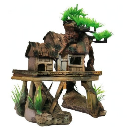 kathson Aquarium Decorations Fish Tank Ornaments House on Terrace with Tree Root Resin Handicrafts for Betta Fish