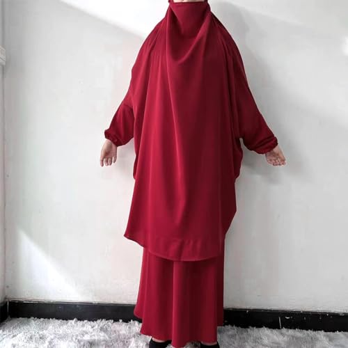 ODIZLI Two Pieces Jilbab and Dress for Muslim Women Long Khimar and Skirt Available for Prayer - color: Wine Red