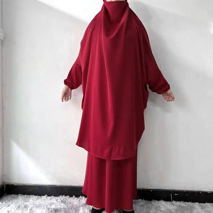 ODIZLI Two Pieces Jilbab and Dress for Muslim Women Long Khimar and Skirt Available for Prayer - color: Wine Red
