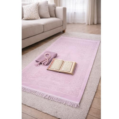SAJADAH Muslim Prayer Rug Set - 4 in One Islamic Gifts Set, Prayer Mat, Prayer Beads, Hijab, Surahs Book,Eid Gifts - color: Pink