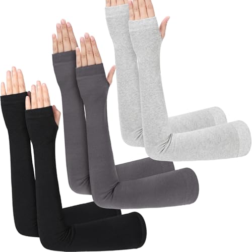 3 Pairs Sun Protection Arm Sleeves 23.6 Inch Long Fingerless Gloves for Women Cotton Arm Wrist Warmer with Thumb Hole - color: Black, Dark Gray, Light Gray