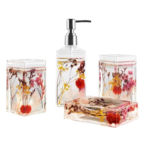 4 Piece Acrylic Liquid 4D Floating Motion Bathroom Vanity Accessory Set Garden Botanic Pink Plants Toothbrush Holder, Tumbler, Soap Dispenser, Soap Dish - size: 4-piece, style: Pink Plant