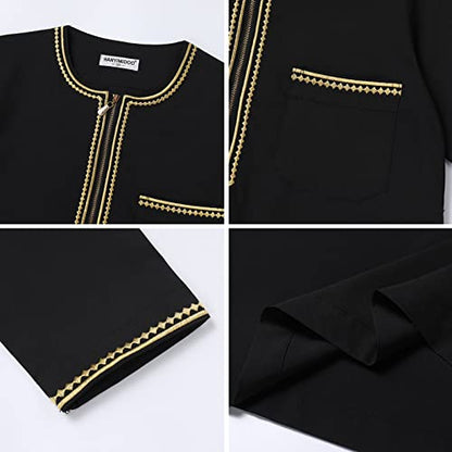 OBEEII Boy's Muslim Arab Solid Color Thobe Long Sleeve Kaftan Embroidered Robe Islamic Arabic Abaya Thobe - color: Black, size: 7-8 Years