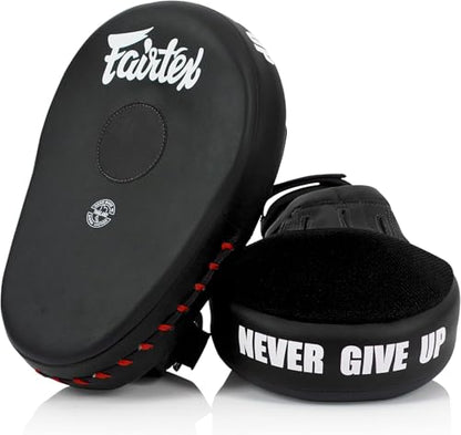 Fairtex FMV13 Maximized Focus Mitts, Muay Thai Kickboxing MMA Punching Pads | Premium Syntek leather shell with multi-layer foam. Curved shape with hook-and-loop wrist strap absorbs trainer strike impact - color: Black