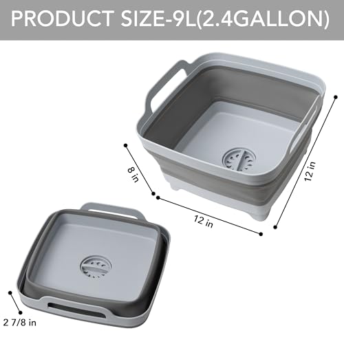 Tiawudi Dishpan for Washing Dishes, 2.4Gal/9L Wash Basin with Draining Plug Carry Handles, Collapsible Bucket for Cleaning, Portable Sink, Foldable Plastic Tub, 1PC