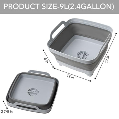 Tiawudi Dishpan for Washing Dishes, 2.4Gal/9L Wash Basin with Draining Plug Carry Handles, Collapsible Bucket for Cleaning, Portable Sink, Foldable Plastic Tub, 1PC