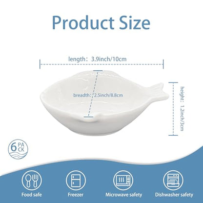 Set of 6 Fish Shape Sauce Dishes,Porcelain Dipping Bowls,Appetizer Plate,Dishwasher Safety,for Ketchup Salad Wasabi Sushi Chips Meats Veggies