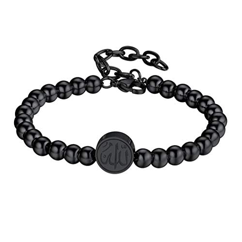 PROSTEEL Allah Bracelet, Muslim Islamic Jewelry Religious Islam Arabic God Charm Stainless Steel Beads Chain Bracelet, fits wrist from 5.9'' to 7.9'', Come with Box - color: 04 black-beads chain