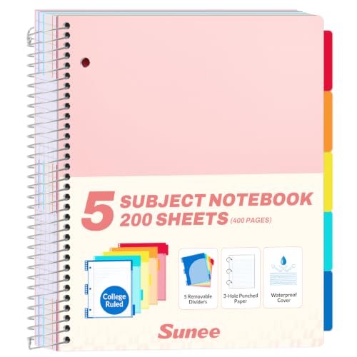 SUNEE 5 Subject Notebook College Ruled - 400 Pages, 9"x11", 5 Pocket Colored Dividers, 3-Hole Punched Paper, Pink - color: Pink, style: College Ruled