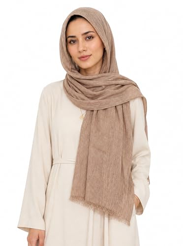 Lightweight Rayon Scarf with Cotton Linen Texture – Breathable Wrinkle Hijab, Vintage Dyed Wrap Shawl - color: Khaki