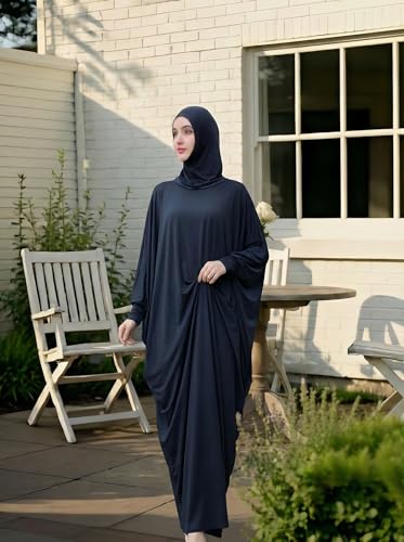 Women's Solid Muslim One-Piece Prayer Dress Abaya Kaftan with Hijab Full Length Dress - color: Navy