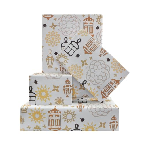Eid Mubarak Wrapping Paper, White Islamic Ramadan Gift Wrap Paper with Mandala,Lantern,Mosque Pattern for Eid al-Fitr, Ramadan Muslim Celebration - 4 Folded Sheets 20x28 Inches