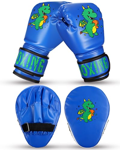 Boxing Gloves and Punching Mitts Set 4oz Gloves Boxing Pads Kids Youth Sparring Gear Training Equipment for Taekwondo Kick Karate Muay Thai MMA Martial Art - style: Blue Dragon