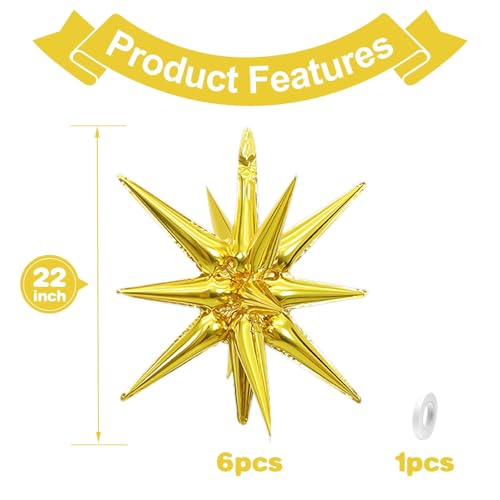 Gold Star Balloons, 6PCS 22 Inch Foil Explosion Star Balloons - color: Gold