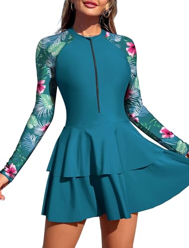 ZAFUL Women Long Sleeve One Piece Rash Guard Modest Swim Dress Bathing Suit - color: 0-floral, size: X-Large