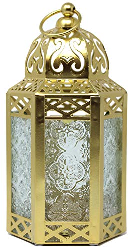 VELA LANTERNS 8.5" Small Gold Metal Decorative Moroccan Lantern Candle Holder Lamp - Indoor/Outdoor, Home Decor, Patio, Weddings, Ramadan Decor - color: Gold/Clear, size: Small