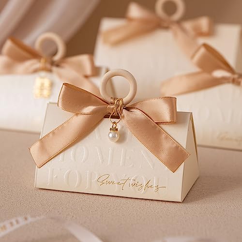 ZJSXINDI 15 Pcs Favor Boxes Gift Wrap Boxes Pale Beige Gift Box 5"x 3" For Party Favor, Weddings, Bridal Showers, Bridesmaids... Gift Wrap Boxes Bulk for Crafting (champagne ribbons) - color: champagne ribbons