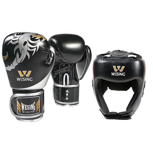 WESING Martial Arts Headgear Gloves Set Boxing Headgear 10oz Boxing Gloves for Men Women Kickboxing Sparring Training - color: Black, size: Small