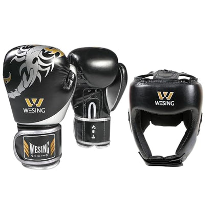 WESING Martial Arts Headgear Gloves Set Boxing Headgear 10oz Boxing Gloves for Men Women Kickboxing Sparring Training - color: Black, size: Medium