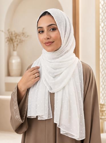 Chiffon Dotted Hijab Scarf for Women, Lightweight Textured Head Wrap Shawl,Soft Muslim Headscarf for Spring Fall - color: Mcmqxf2531-1#white