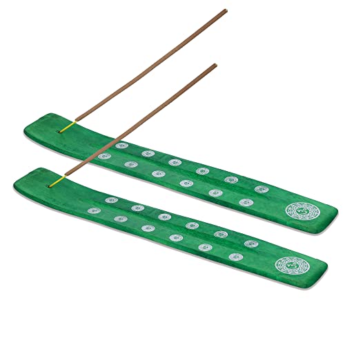 Bless-International Traditional-Handmade-Burner Wooden-Incense-Stick-Holder Ash-Catcher-Stand for-Aromatherapy-Meditation-Yoga (Earth Green) 10 Inches, Pack of 2 - color: Earth Green,10 Inch, size: Two Holders