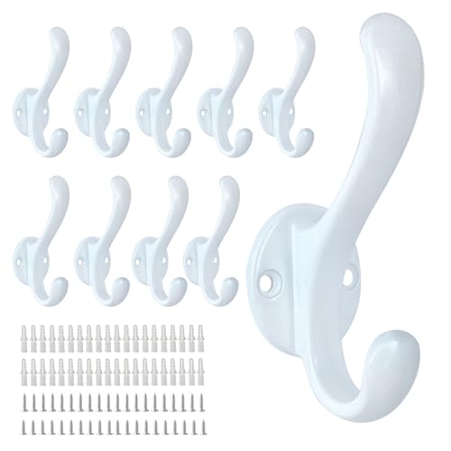 10 Pack Coat Hooks Wall Mount Heavy Duty Utility Retro Double Hooks for Hanging Coats,Hat, Towel, Key, Robe, Scarf, Bag, Cap (White) - color: 10 Pack-White