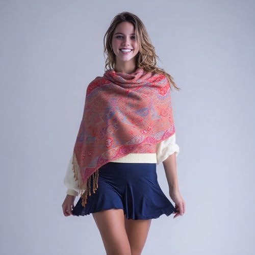 TUSHUSTY Pashmina Feel Shawls Wraps Rave Scarf for Women Soft Silky Reversible Men Scarves Hijab - color: Tan Red Blue