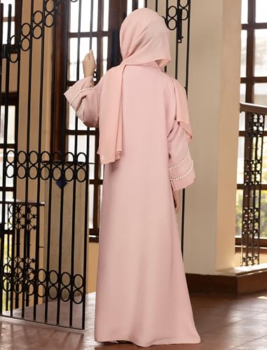 IDOPIP Muslim Dress for Girls Islamic Prayer Abaya Long Sleeve Cardigan Kaftan Robe Dresses with Hijab Ramadan Dubai Outfits - color: Pink, size: 9-10 Years